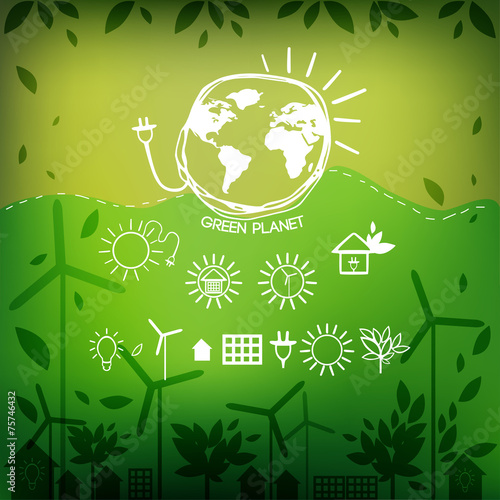 Illustrations with icons of ecology, environment, green energy