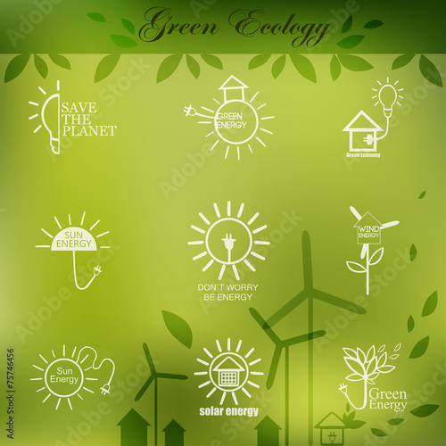 Illustrations with icons of ecology, environment, green energy