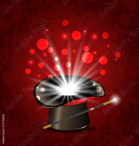 Magician hat, wand and magical glow