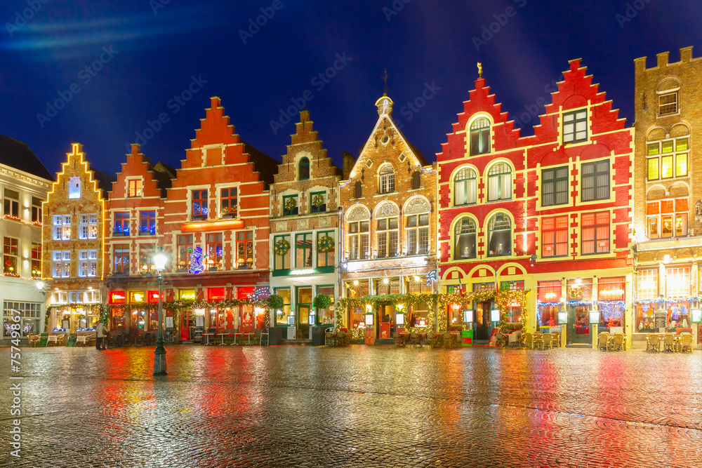 Naklejka premium Boże Narodzenie Stary Rynek w centrum Brugii, Belgia