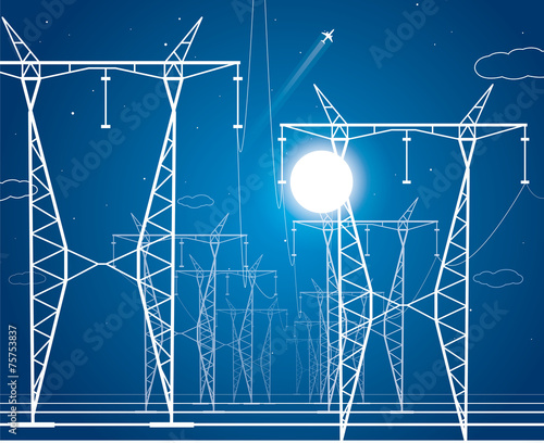 Night, energy panorama, power lines, industrial vector design