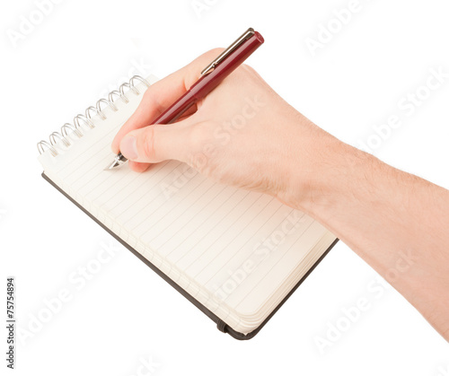 Hand writing on empty notepad (notebook) isolated on white