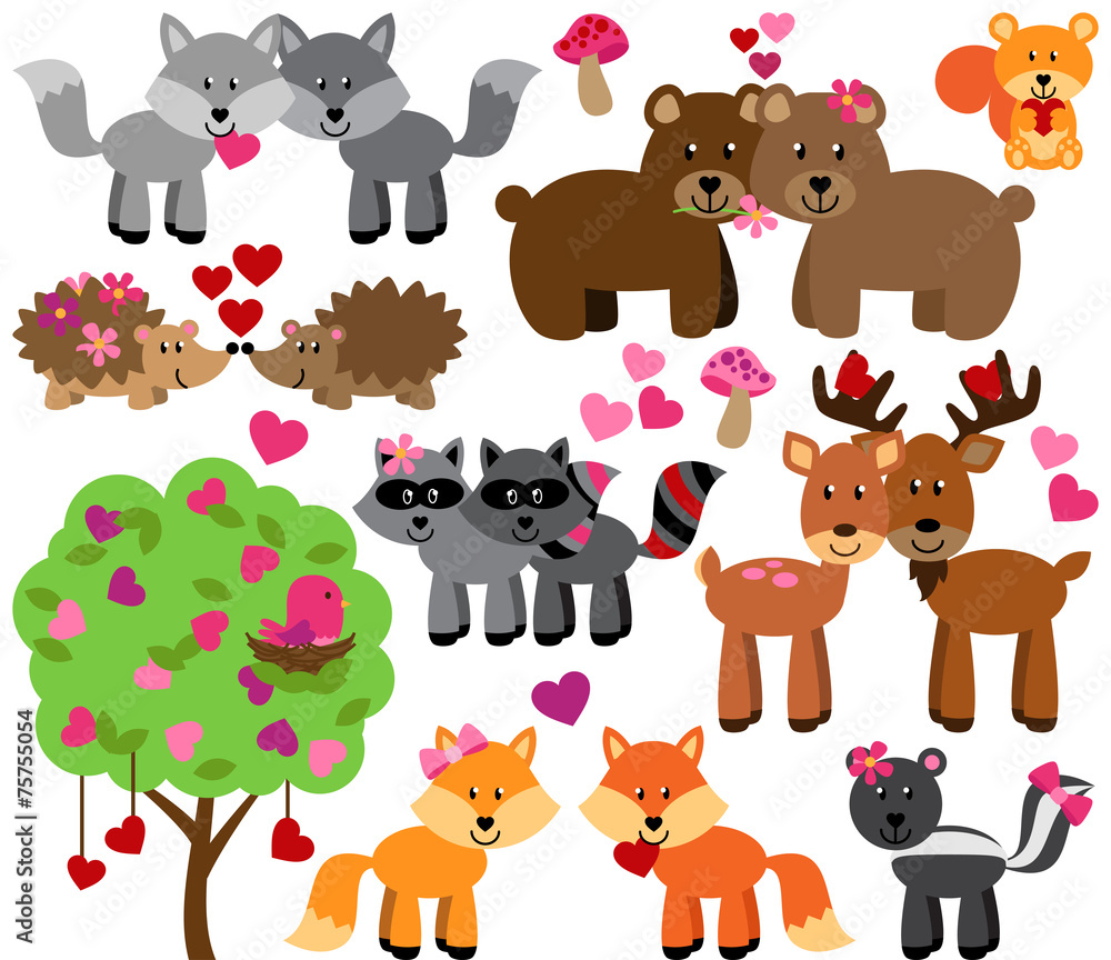 Vector Set of Valentine's Day or Love Themed Forest Animals