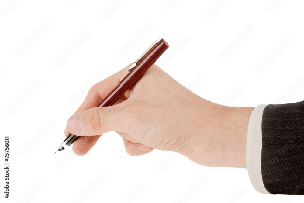 Hand holding a pen (writing or signing) isolated Hand holding a pen (writing or signing) isolated
