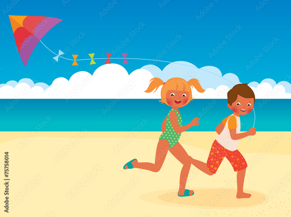Children running with a kite on the beach