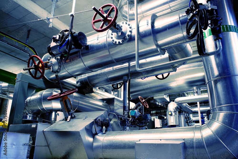 Industrial zone, Steel pipelines in blue tones Industrial zone, Steel pipelines in blue tones