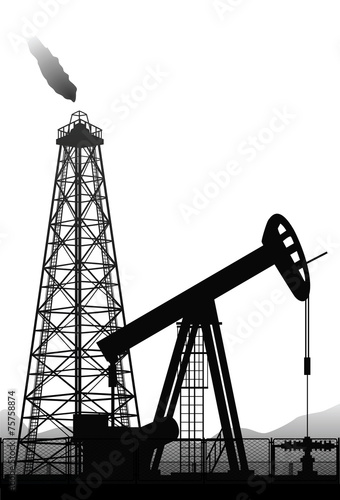 Oil pump and rig silhouette isolated on white.