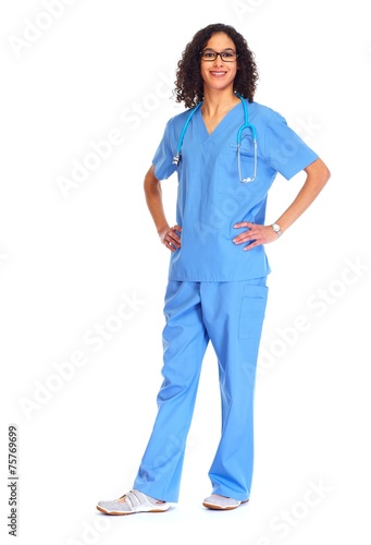 Medical doctor woman isolated white.