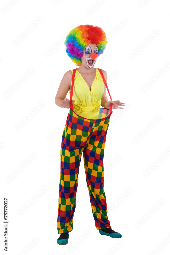 Funny clown in colorful wearing, standing on white background Funny clown in colorful wearing, standing on white background