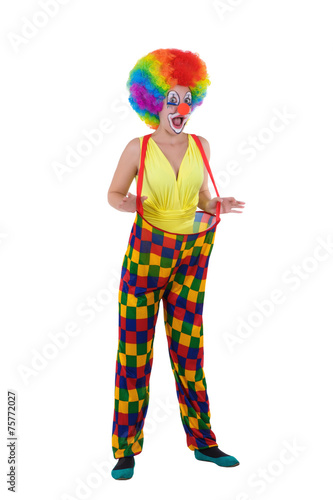 Funny clown in colorful wearing, standing on white background