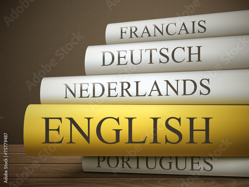 book title of english isolated on a wooden table