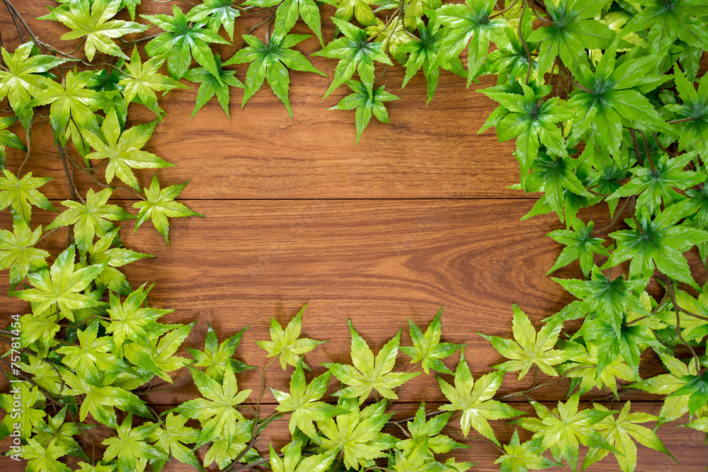 Maple leaves frame on wood background Maple leaves frame on wood background