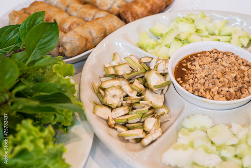 Vietnamese meatball wraps with vegetables photo