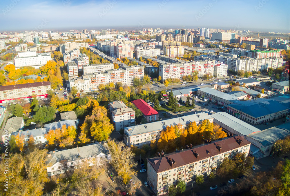 Tyumen city quarters from helicopter. Russia