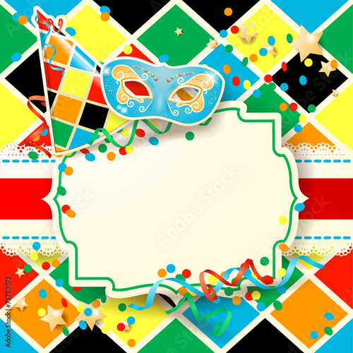 Carnival illustration with hat and mask on harlequin background