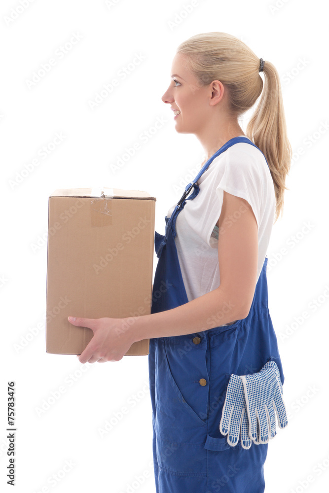 delivery concept - side view of woman in blue workwear with card delivery concept - side view of woman in blue workwear with card