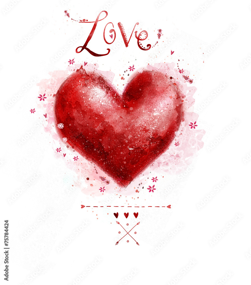 Watercolor  red heart. Love heart design.