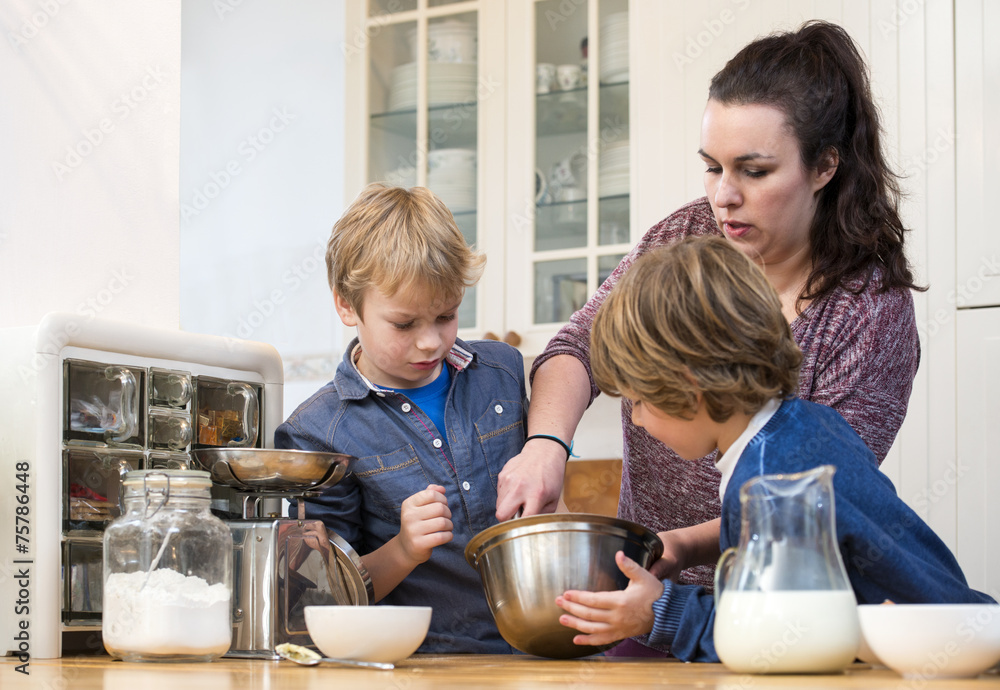 Family Mixing Cupcake Batter In Kitchen Family Mixing Cupcake Batter In Kitchen