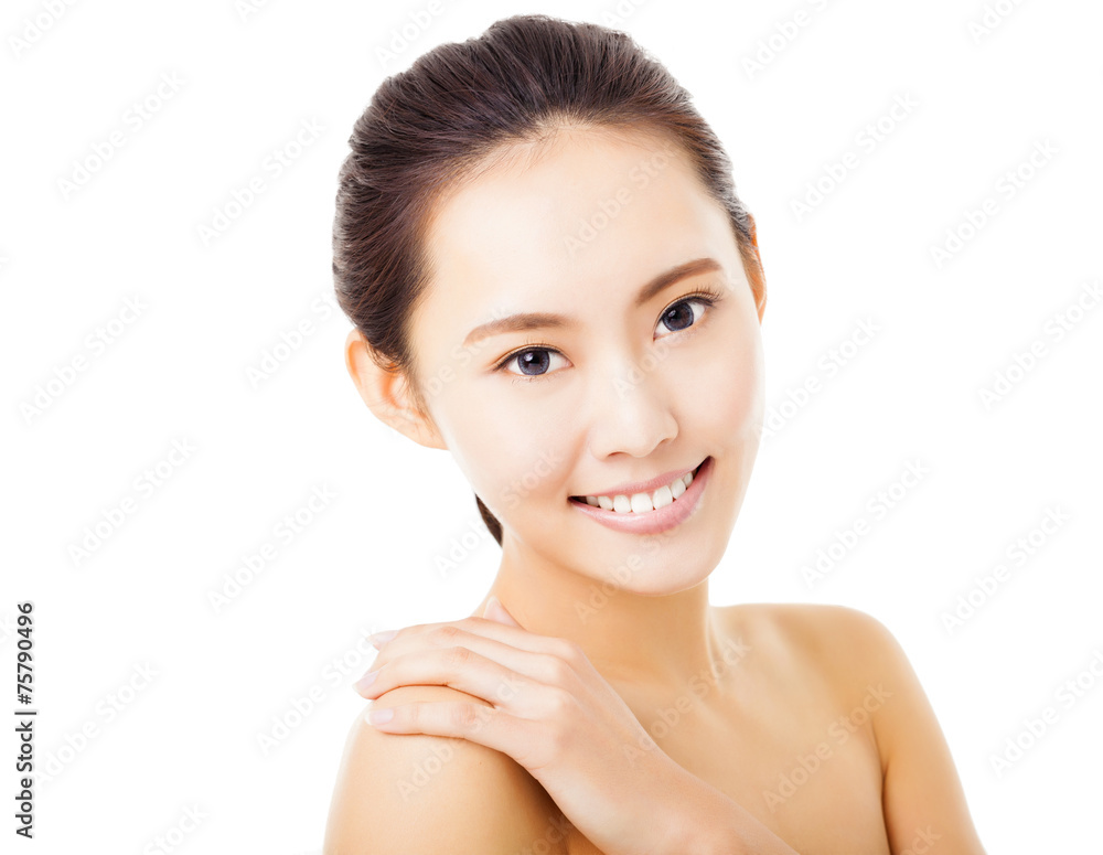 closeup smiling young woman face isolated on white closeup smiling young woman face isolated on white