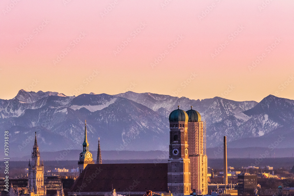 Alps sunset Muich - obrazy, fototapety, plakaty 