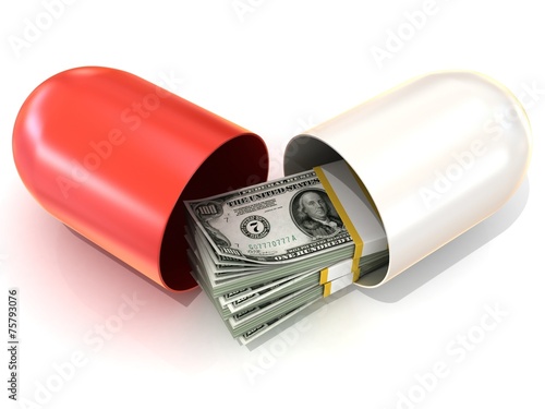 Photography Opened red pill capsule, with dollars stack inside. Isolated