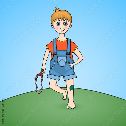 Cartoon of a boy with slingshot in hand and injured knee