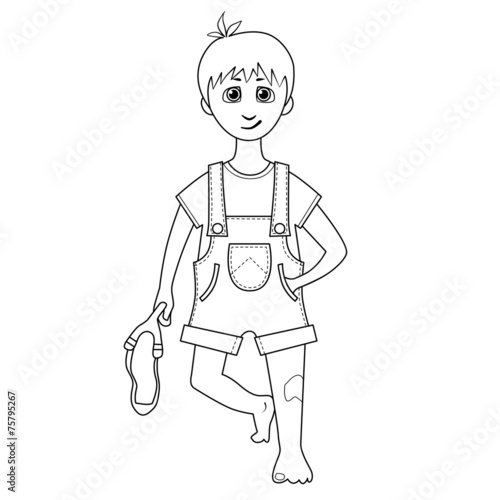 Coloring book. Cartoon of a boy with slingshot in hand