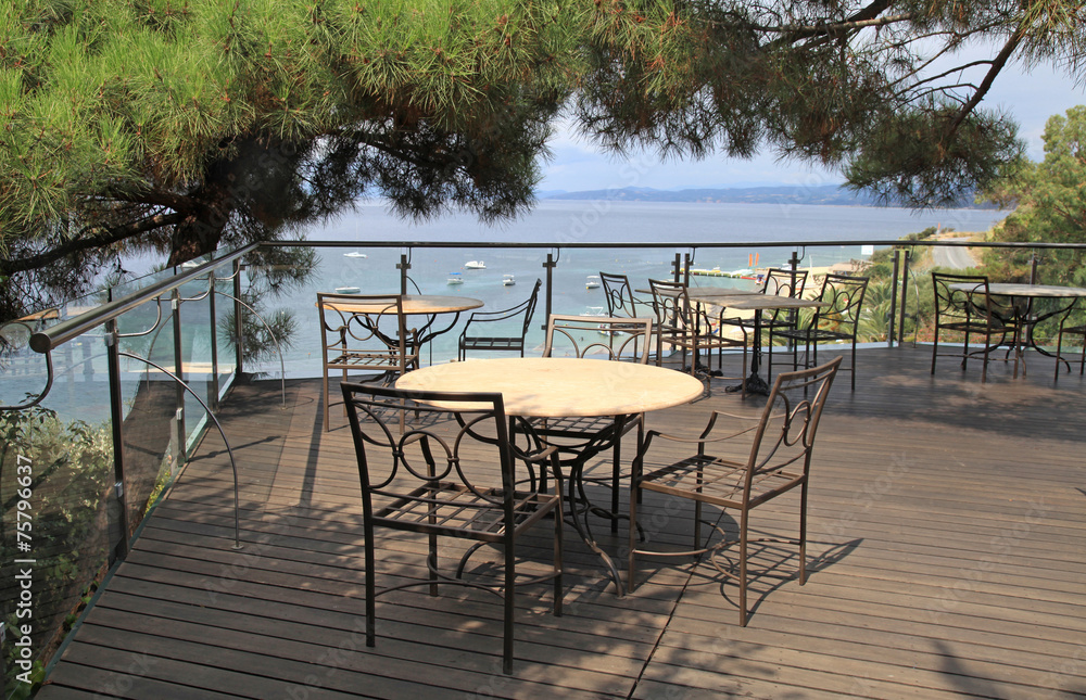 terrace outdoor cafe and sea view in Greece. terrace outdoor cafe and sea view in Greece.