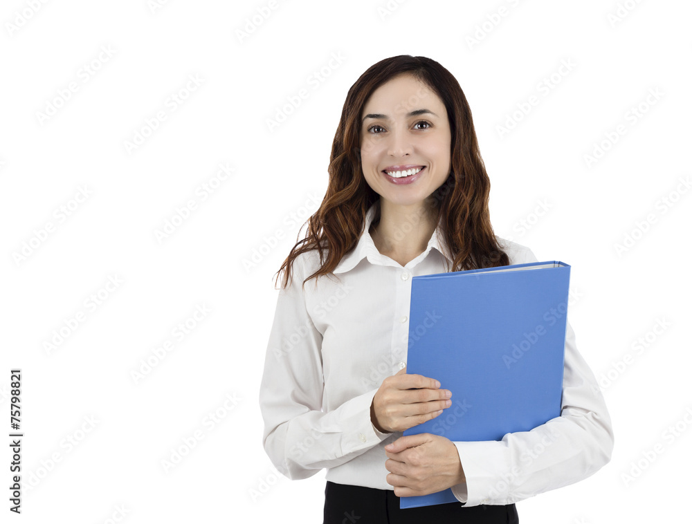 Standing young business woman holding a folder Standing young business woman holding a folder