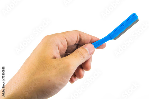 men hand holding disposable razor  isolated on white