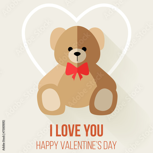 Teddy Bear Valentine's Day Card, Vector Flat Design