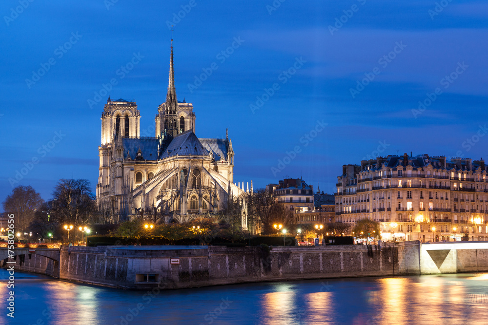 Notre Dame de Paris at dusk, France.