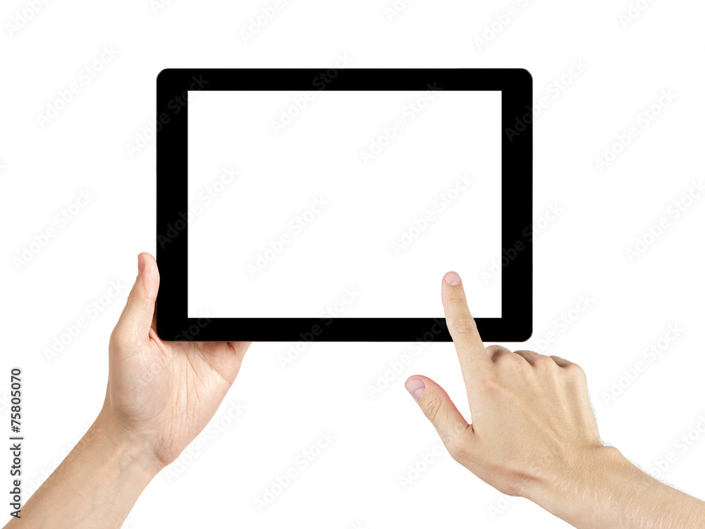 adult man hands using generic tablet pc with white screen adult man hands using generic tablet pc with white screen