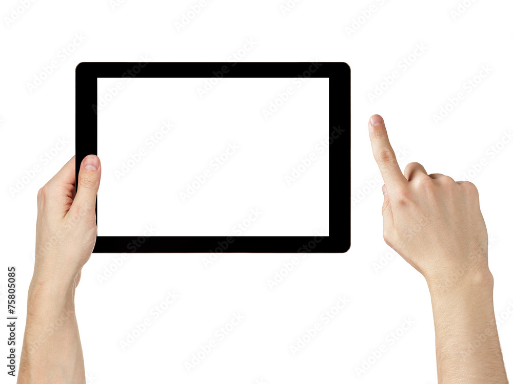 adult man hands using generic tablet pc with white screen adult man hands using generic tablet pc with white screen