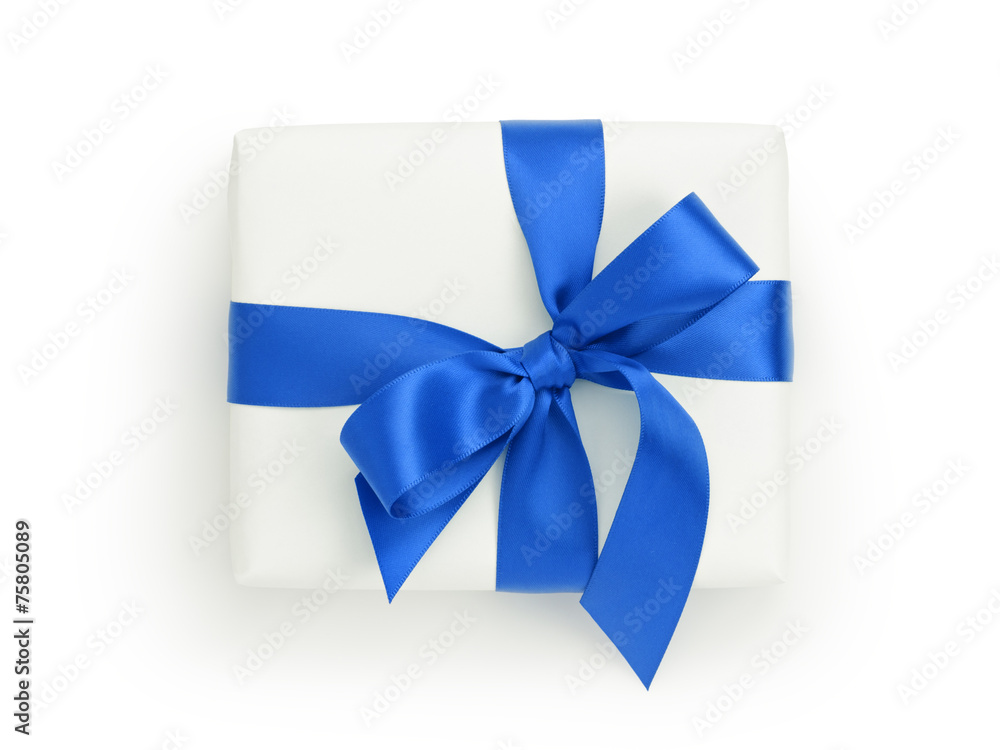 white gift box with blue ribbon bow, from above white gift box with blue ribbon bow, from above