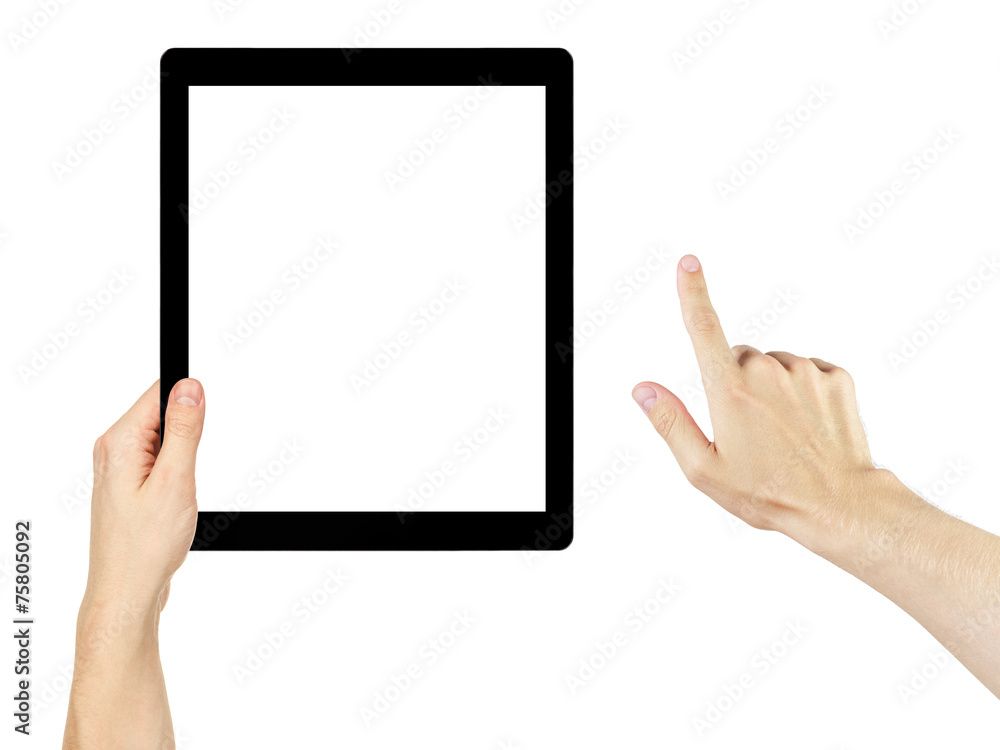 adult man hands using generic tablet pc with white screen adult man hands using generic tablet pc with white screen