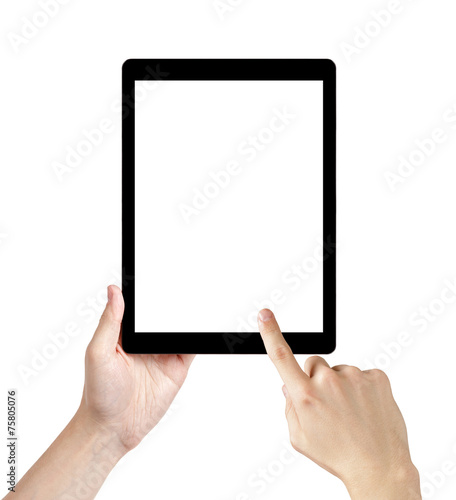 adult man hands using generic tablet pc with white screen