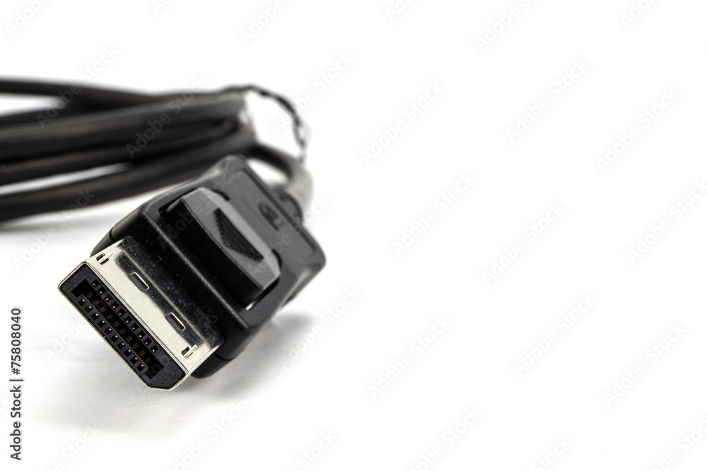 closeup of display port cable on a white background closeup of display port cable on a white background