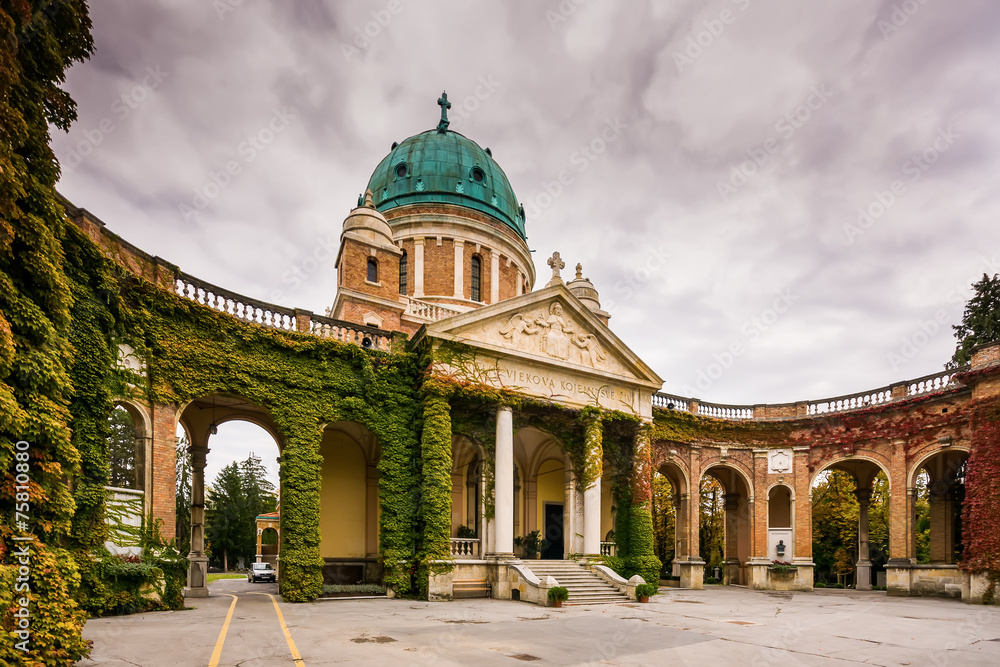 Entrance to Mirogoj cemetery with Church of King Christ in Zagre