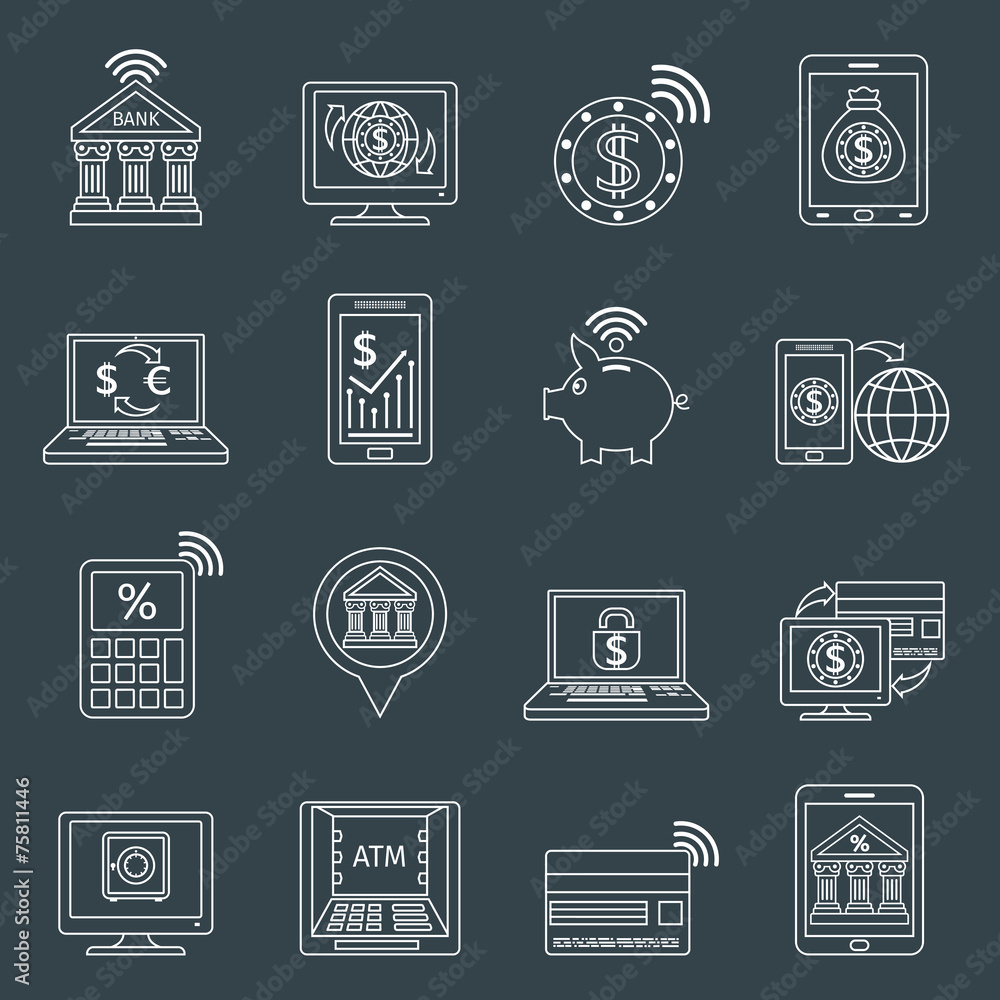 Mobile banking icons outline Mobile banking icons outline