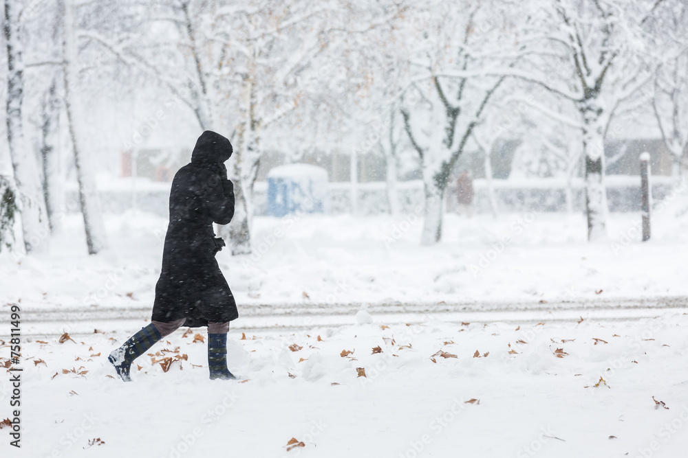 Fototapeta premium Woman dressed in black coat walking alone during heavy snowstorm