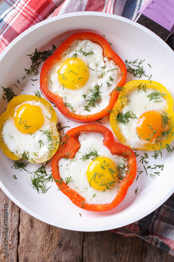 fried eggs with peppers on a pan. top view vertical close-up fried eggs with peppers on a pan. top view vertical close-up