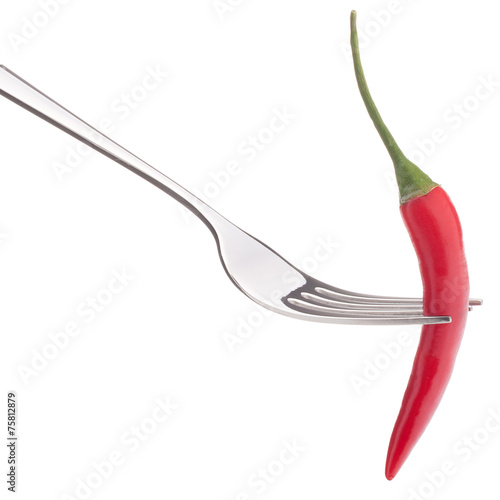 Chili pepper i on fork isolated on white background cutout. Heal