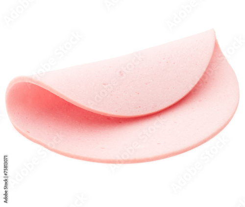 cooked boiled ham sausage or rolled bologna slice isolated on wh