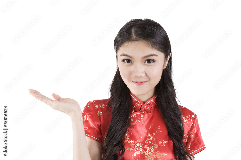 Chinese woman with open hand palm Chinese woman with open hand palm