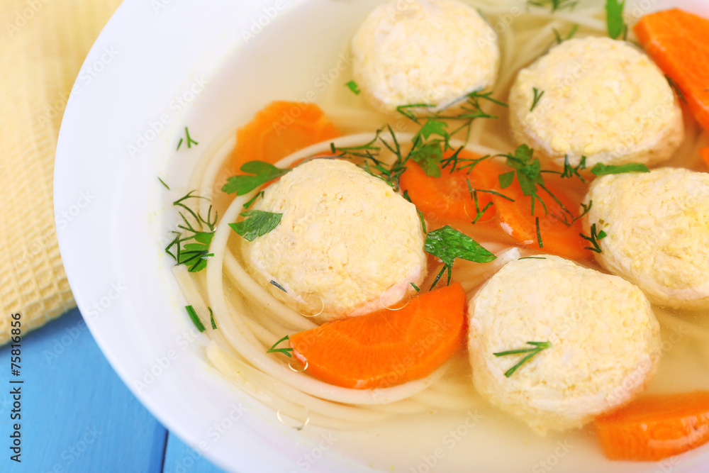 Soup with meatballs and noodles in bowl on wooden background Soup with meatballs and noodles in bowl on wooden background