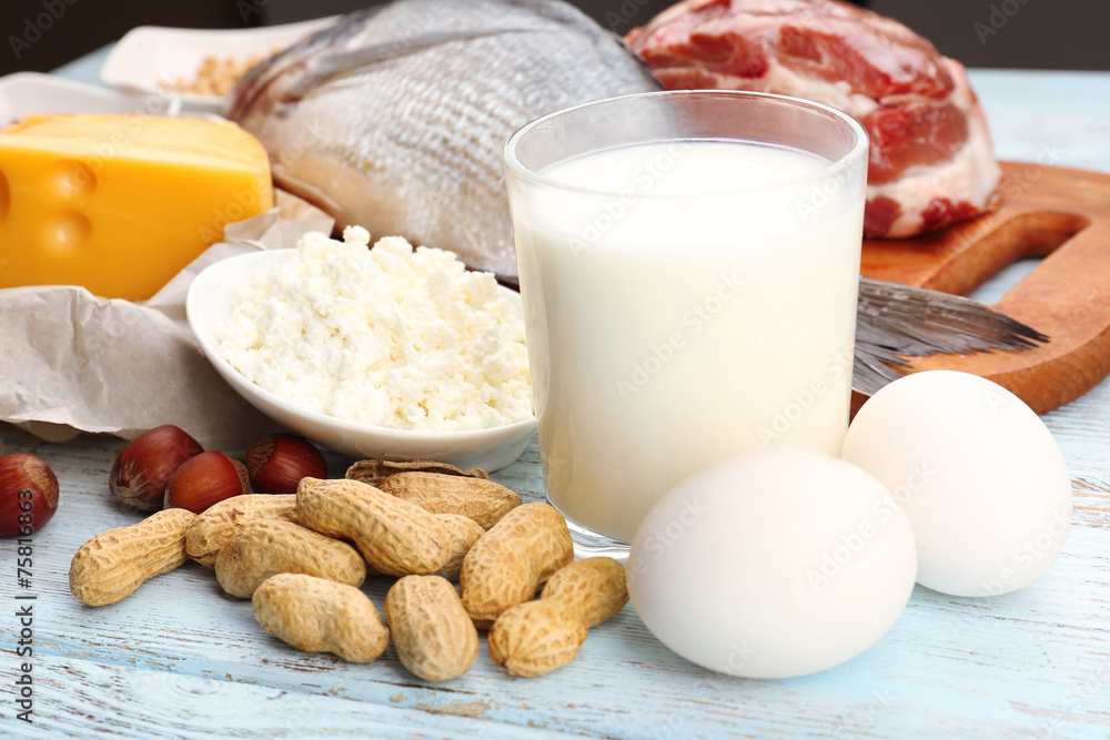 Food high in protein on table, close-up Food high in protein on table, close-up
