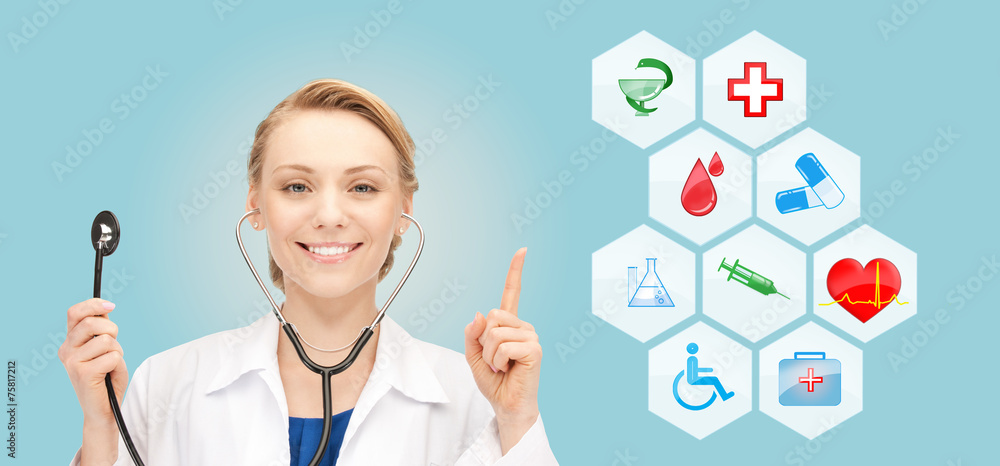 smiling doctor over medical icons blue background smiling doctor over medical icons blue background