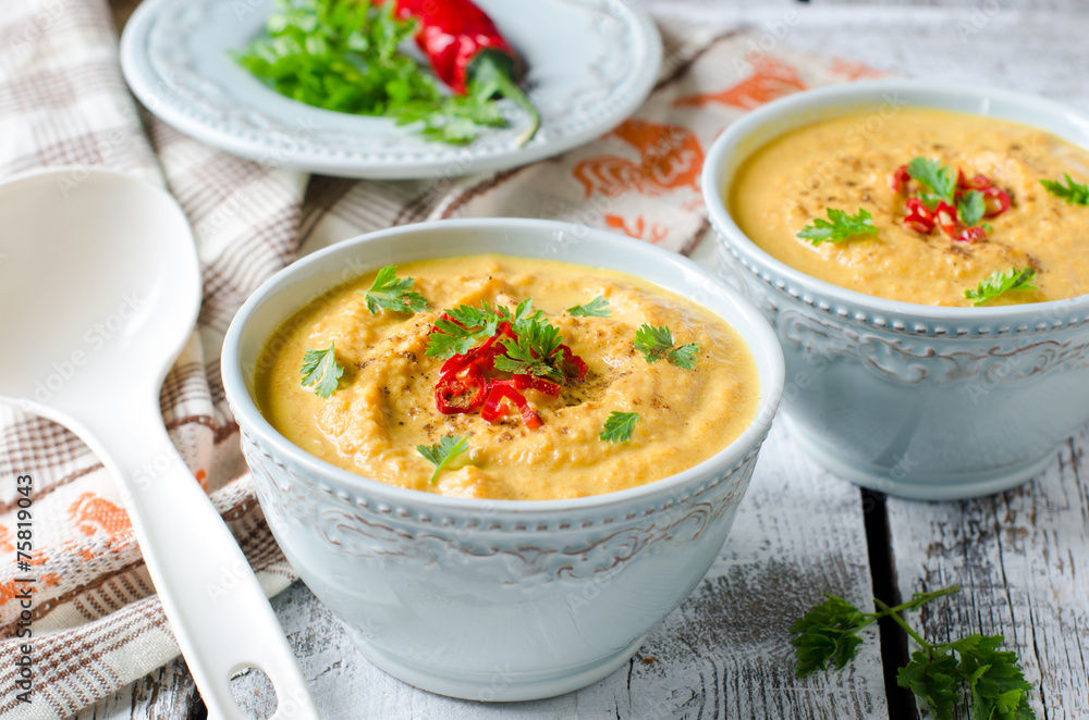 Carrot cream soup with red chili pepper Carrot cream soup with red chili pepper