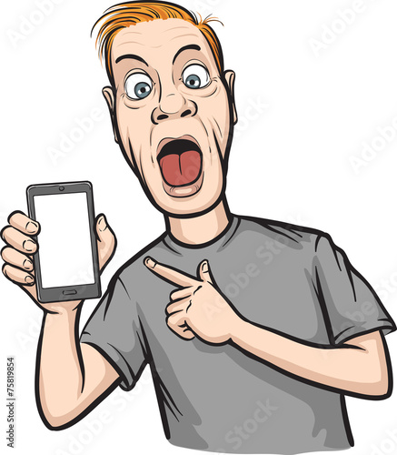 crazy man showing a mobile app on a smart phone